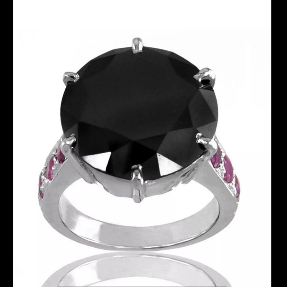 NATURAL BLACK DIAMOND RING 4.30C SILVER RUBIES